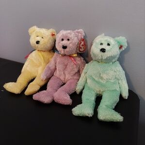 TY Beanie Babies Set Of 3 Sherbet Yellow,Purple And Green/Blue